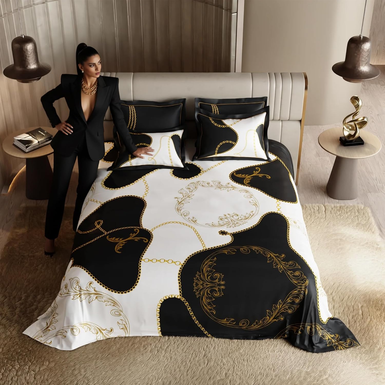Bedding Set 1 Bedsheet King Size With 4 Pillow Cover - 108 X 108 Inches, Deep Black & White | Wedding, Bedroom, Date Night Collection | 300 Thread Count