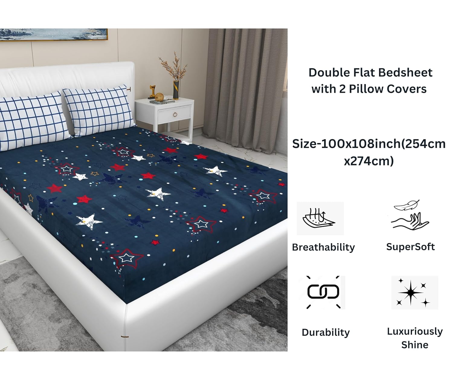 Elastic Fitted Bedsheets For King Size Bed With 2 Pillow Covers - 100 X 108 Inches, Navy Blue | Ideal For Hotel, House, Guest House