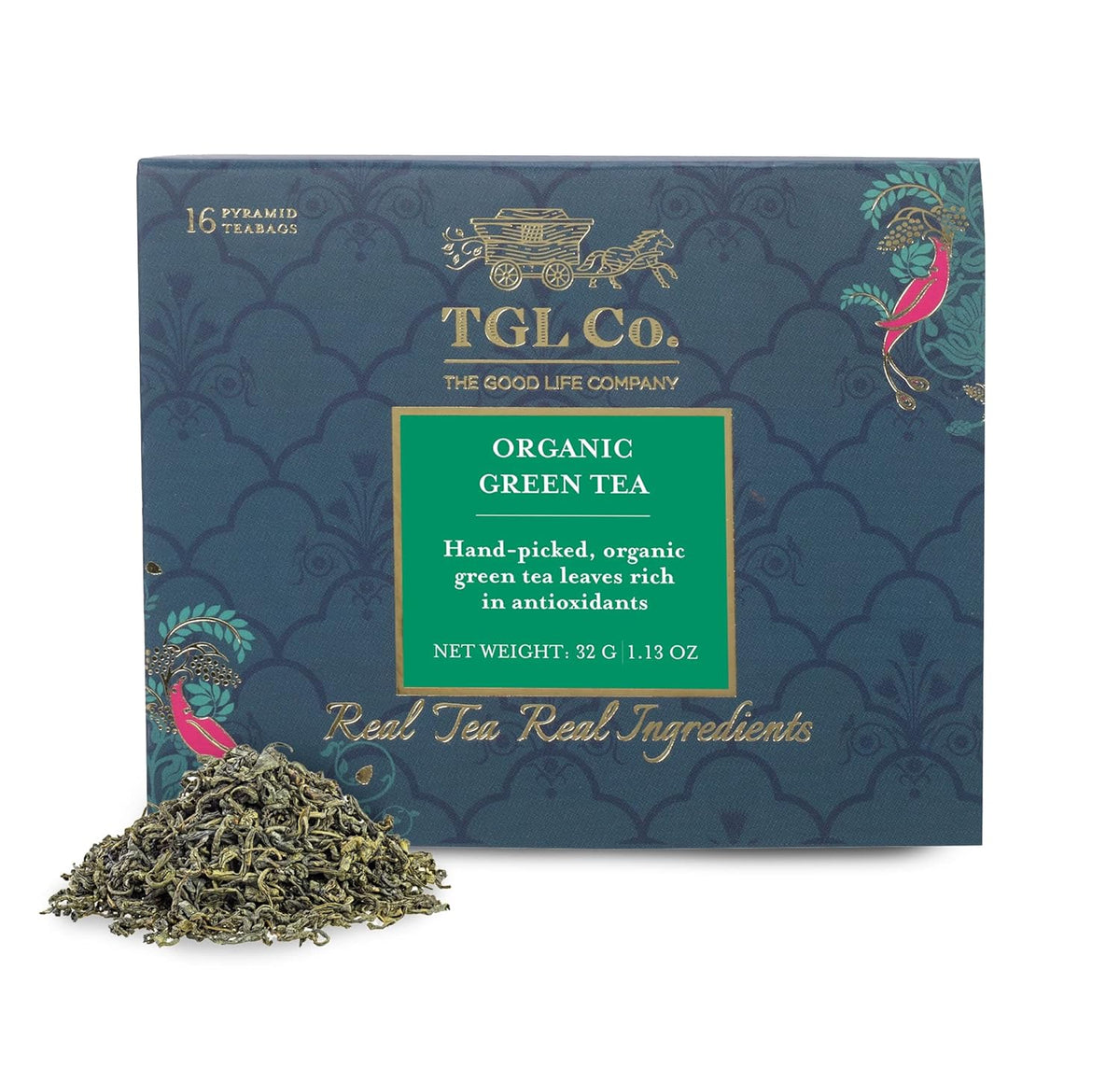 TGL Co. Organic Green Tea - 16 Pyramid Tea Bags, 32gm, 1.1 Ounce | Rich In Anti Oxidant, Improve Digestion - Medium Caffeine, No Artificial Flavor