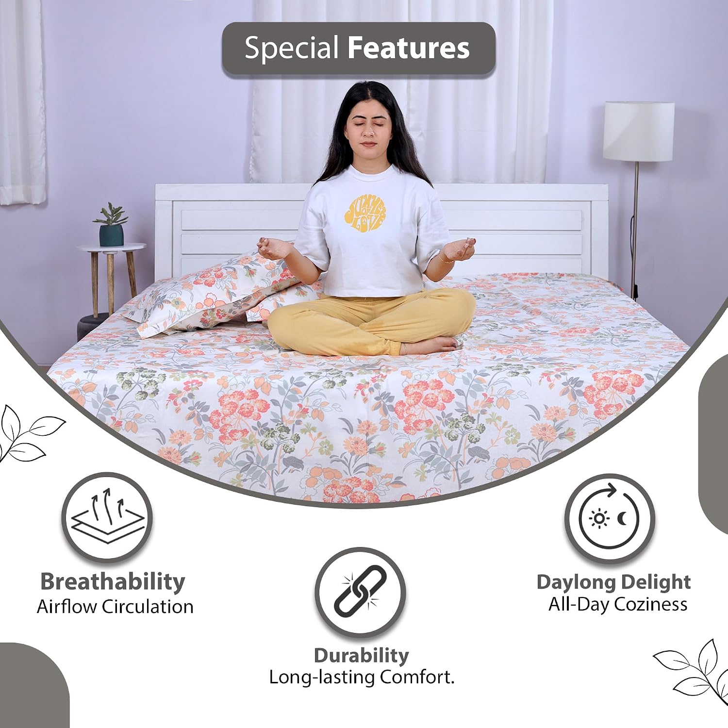 100% Cotton Double Bedsheet For King Size With 2 Pillow Covers | 108 X 108 Inches, White & Peach - Perfect For Home, Guest House, Hotel | Soft, Breathable & Comfortable