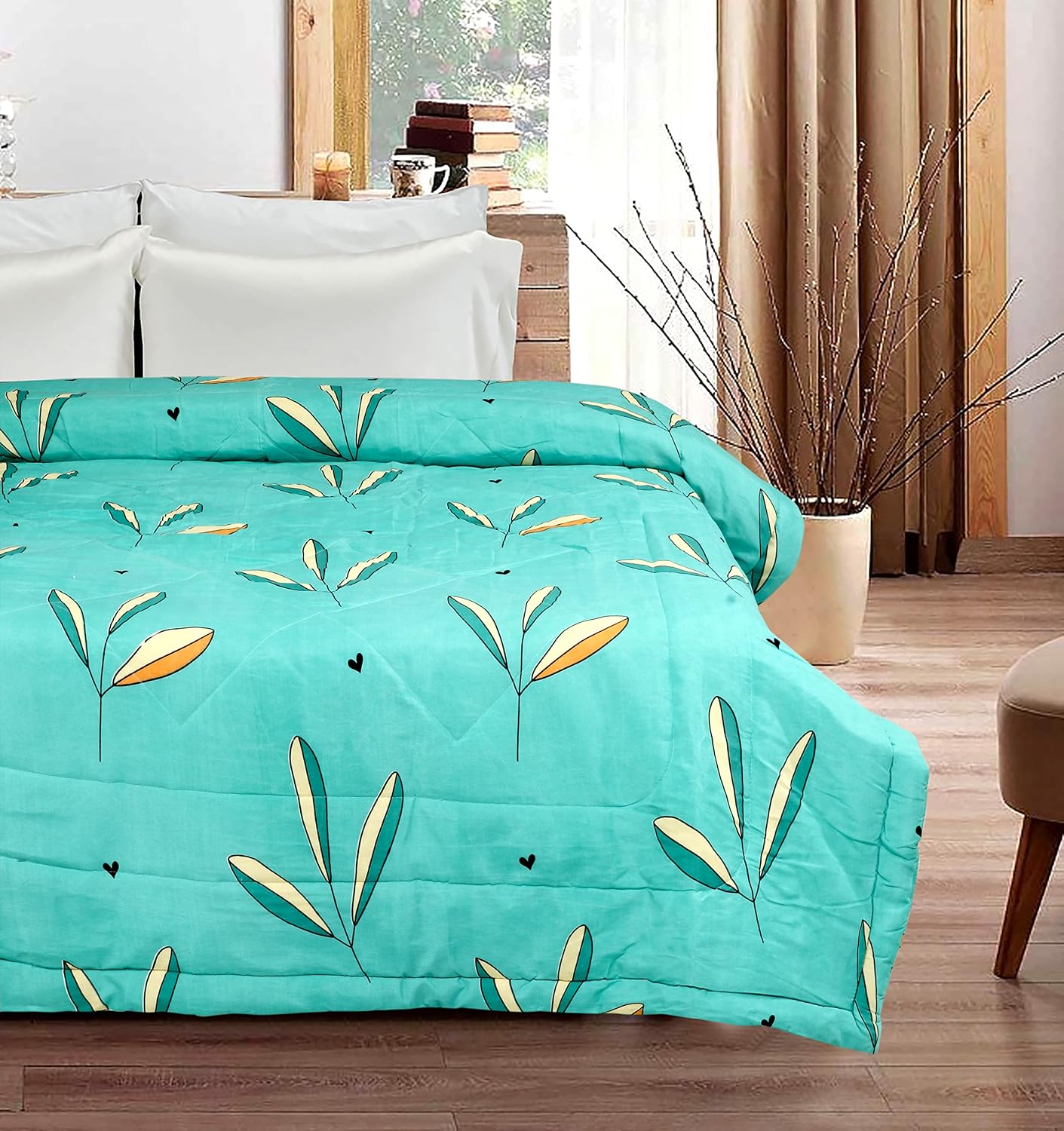 Cotton AC Comforter Set King Size Double Bedsheet With & Two King Pillow Covers - 90 X 100 Inches, Turquoise | Ideal For House, Hotel, Guest Room
