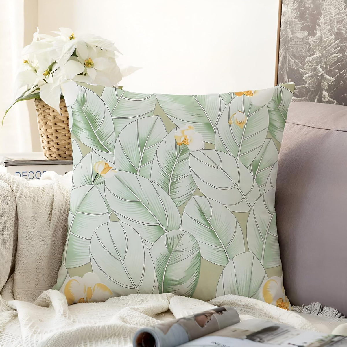 Microfiber Square Pillow Cushion For Sofa & Bed, Green Leaf - 12 X 12 Inch | Fluffy, For Comfort & Back Support | Breathable, Neck Support | Premium Cotton Cushion Cover With Zip - Set Of 1