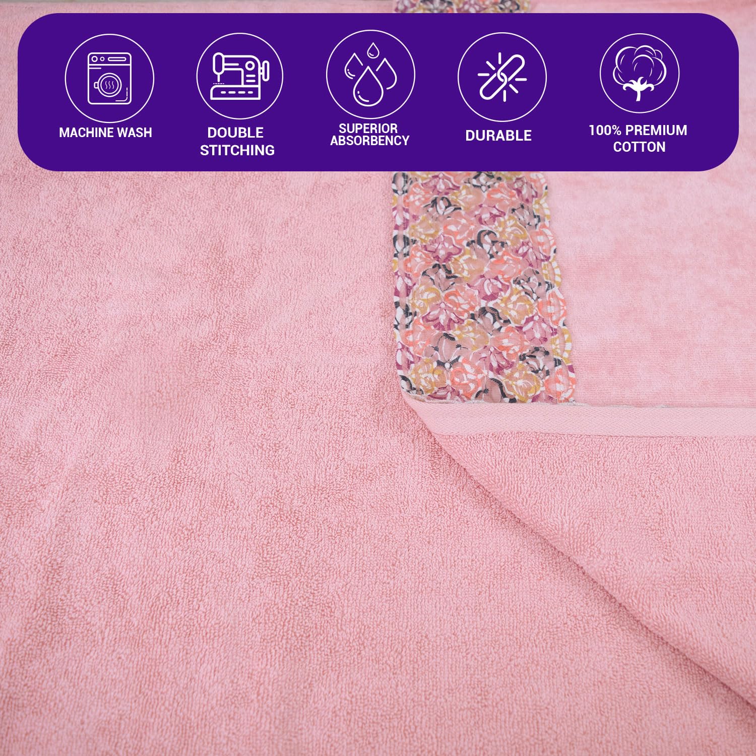 Rangoli Prima Dream 100% Cotton Lace 2 Hand & 2 Bath Towel 1400 Gsm | Ultra Soft, Super Absorbent & Eco-Friendly Hanging Towels (Light Pink) - Pack Of 4