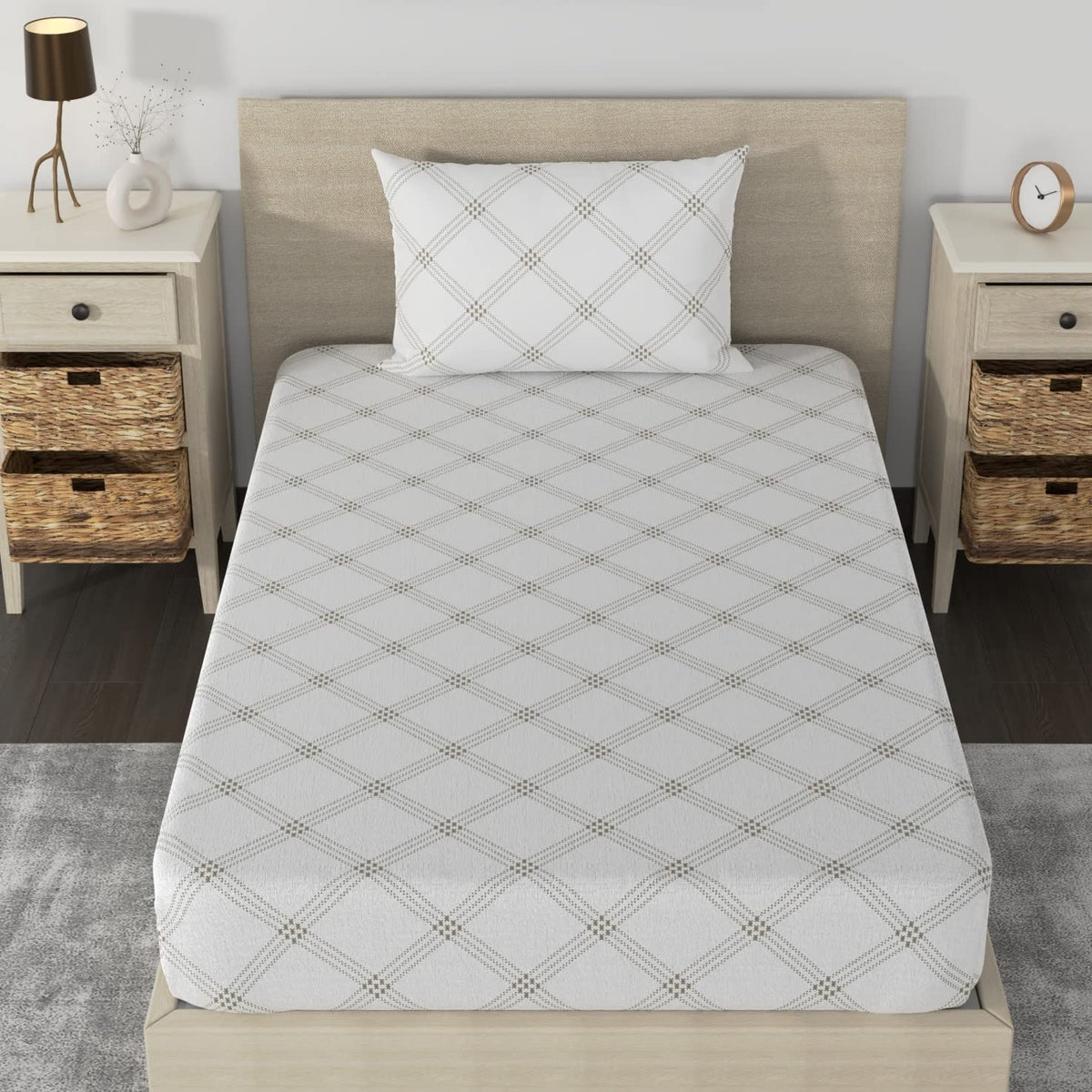 Single Bedsheet Cotton With 1 Pillow Cover - 55 X 88 Inches, White (Beige Pattern) | Lightweight, Soft & Breathable - Perfect For Gifting On Weddings Bedsheet