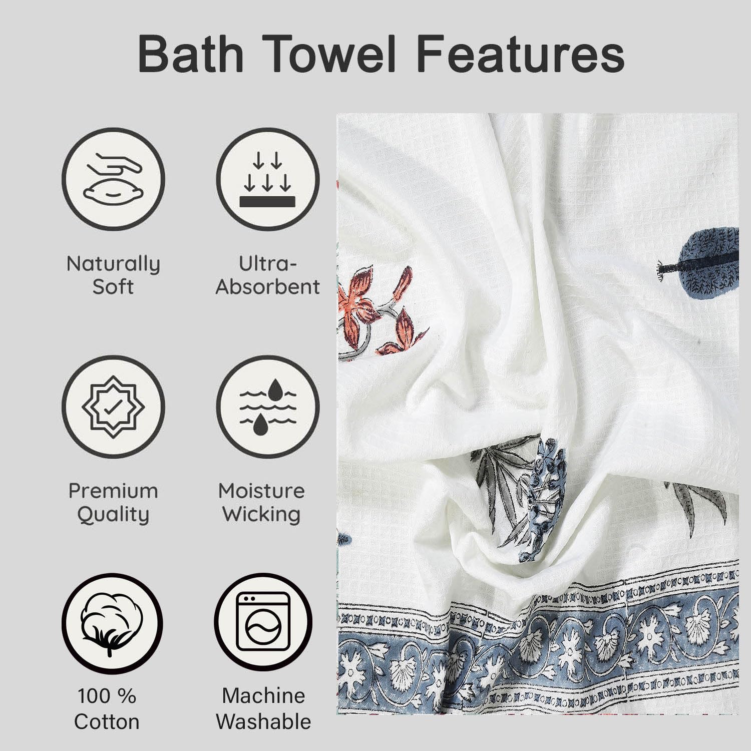 Urbano Homz 100% Cotton Large Size Bath Towel 350 Gsm | For Men & Women, Ethnic Bathing Towel (Floral Blue & Red)