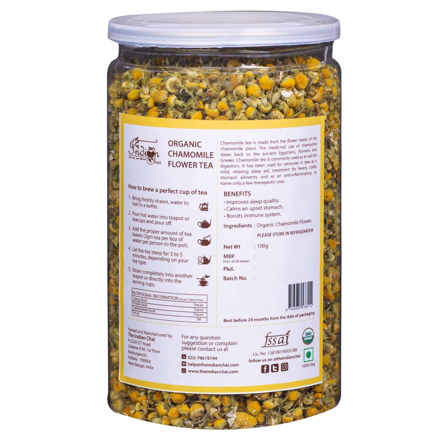 The Indian Chai Organic Chamomile Flower Tea - 100gm, 3.5 Ounce | Helps With Sleep & Improves Sleep Quality - Caffeine Free | Soothes Skin Irritations