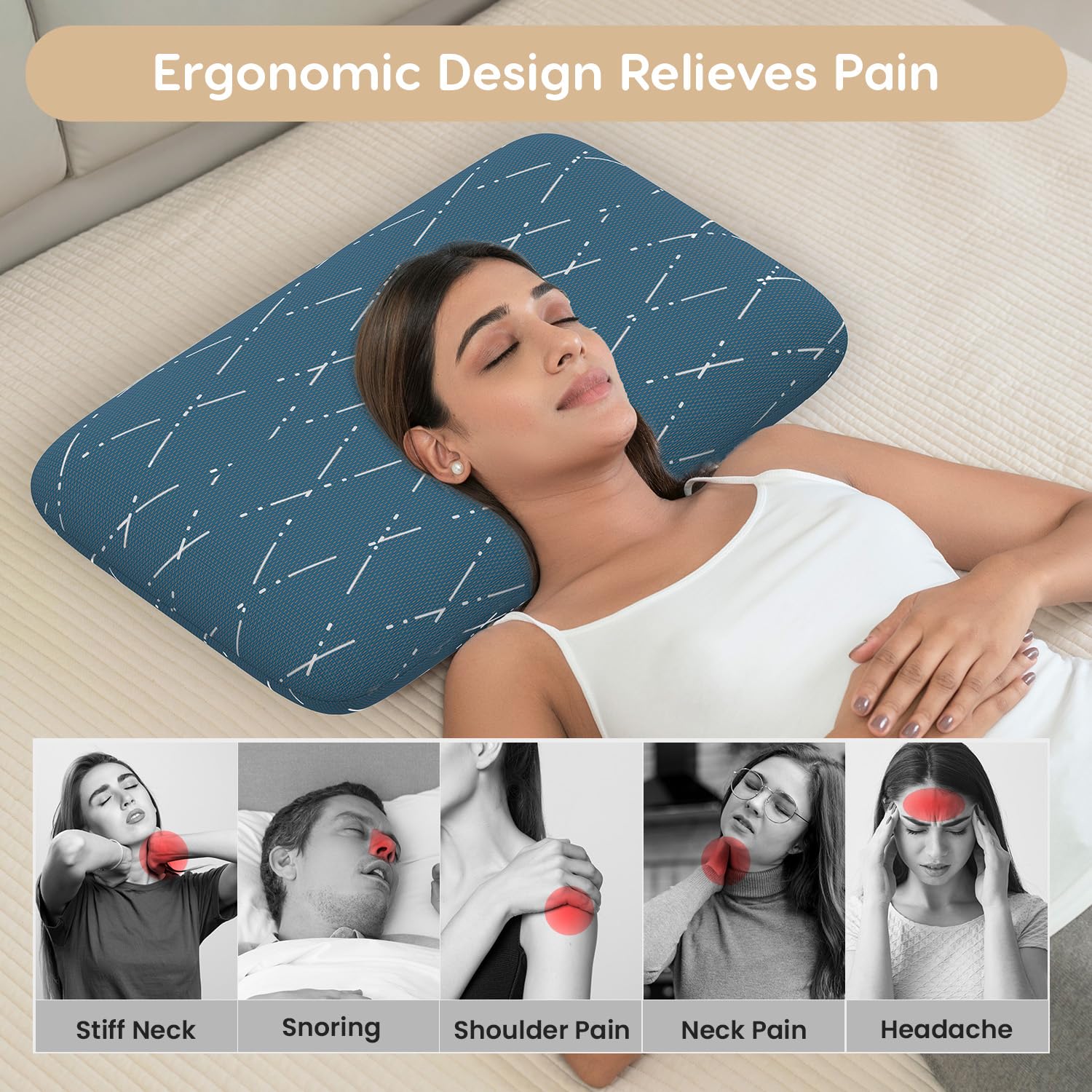 Cool Gel Memory Foam Pillow, Orthopedic Pillows For Sleeping, King Size - 5 Inch Thick | Pillow For Neck Pain & Shoulder Pain, Washable Blue Checks Cover, Breathable - Pack Of 1