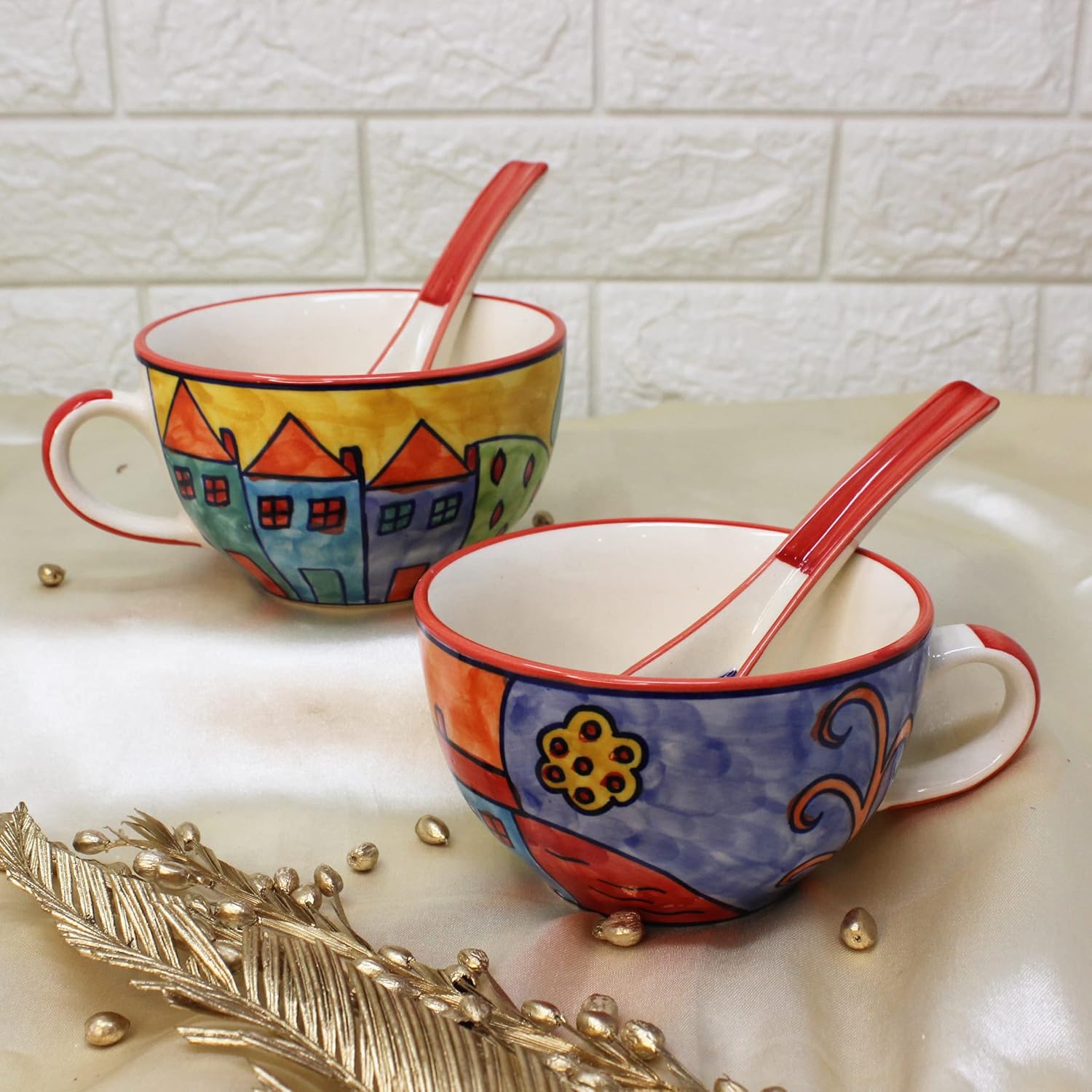 Exotic Panorama Hand Painted Handled Ceramic Soup Bowls With Spoons Set Of 2 - 300ml Each, Multicolor | Serving Bowls With Matching Spoons | Ceramic Soup Cups - Microwave Safe & Dishwasher Safe