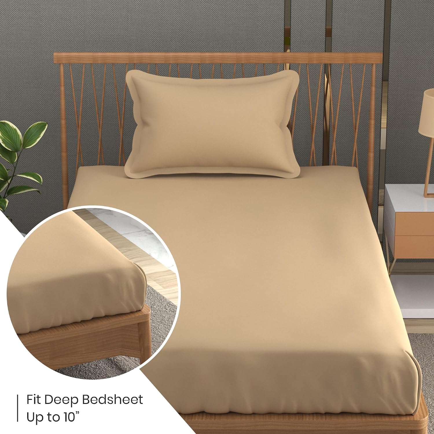 Solid Plain Single Size Bedsheet Set With 1 Pillow Covers | Size - 60 X 90 Inches, Beige | Ideal For All Seasons Due To Its Breathable Nature
