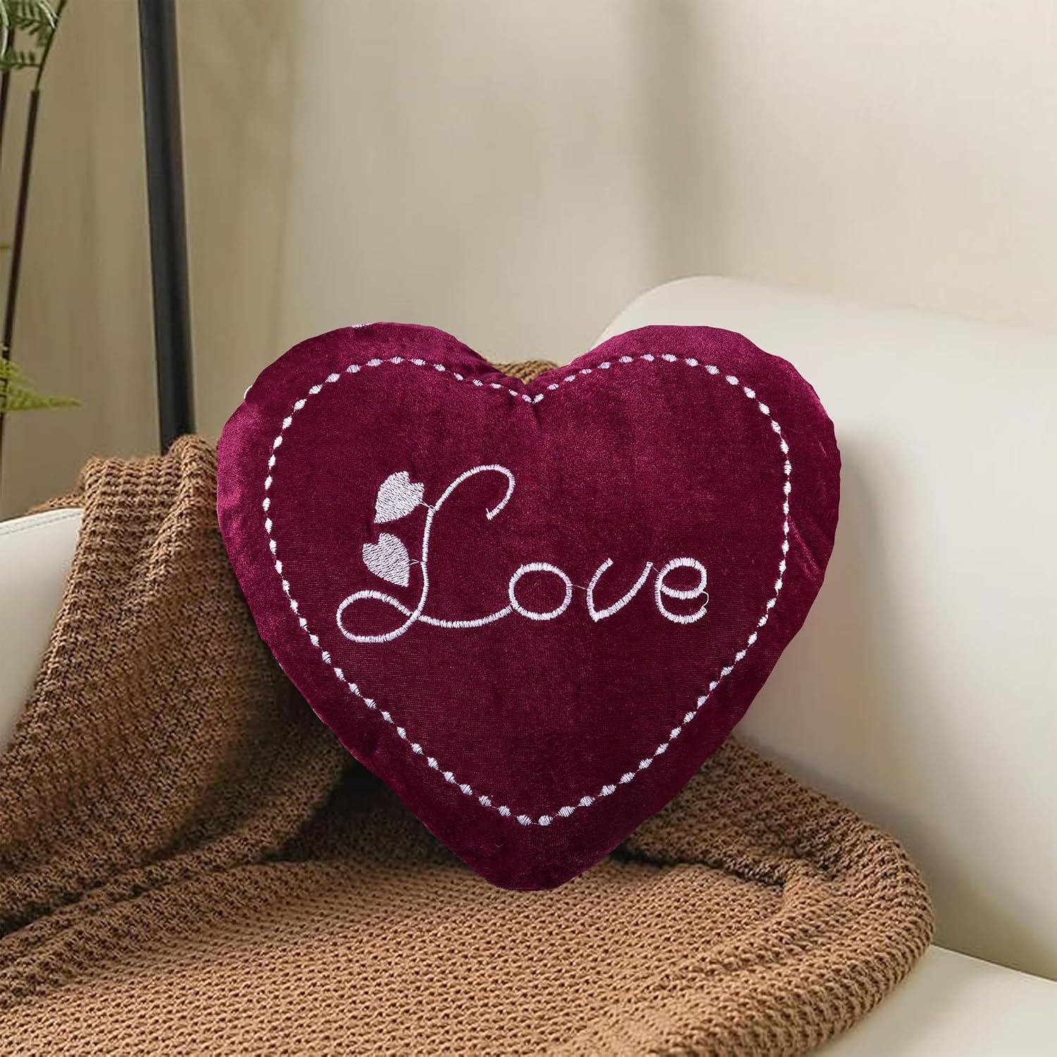 Heart Shape Pillow, Soft Cushion Pillow For Car & Room Decoration, Love Print - Cherry Red - 12 Inches | Decorative Plushie Cushions For Sofa & Bed | Head Rest, Multipurpose Use - Set Of 10
