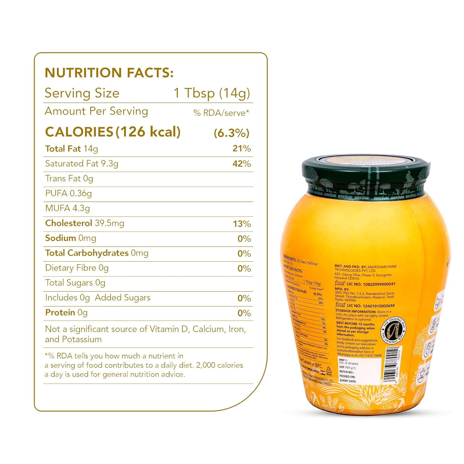 Pure Natural Bilona-Churned Hallikar Cow Ghee By Anveshan | High In Vitamins A, D & Healthy Bilona Method Desi Ghee For Boost Energy | 2 Litre (1 Litr * 2) 67.6 Ounce | Jar Pack
