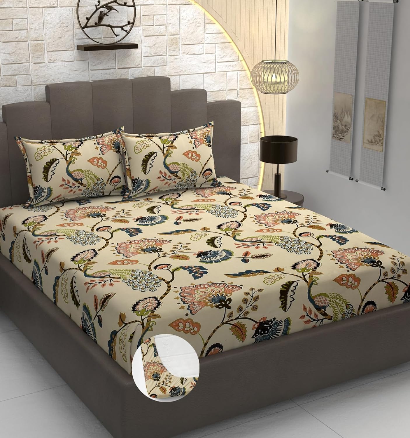 Premium Heavy Cotton Elastic Fitted King Size Bedsheet With 2 Pillow Covers - 72 X 78 X 10 Inches, Beige | All Weather Comfort & Bedroom