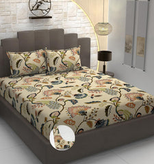 Double Bedsheet For Queen Size With Tow Pillow Cover - 72 X 72 Inches, Beige | All Around Elastic Fitted Breathable & Durable, Soft Touch & Perfect For All Seasons
