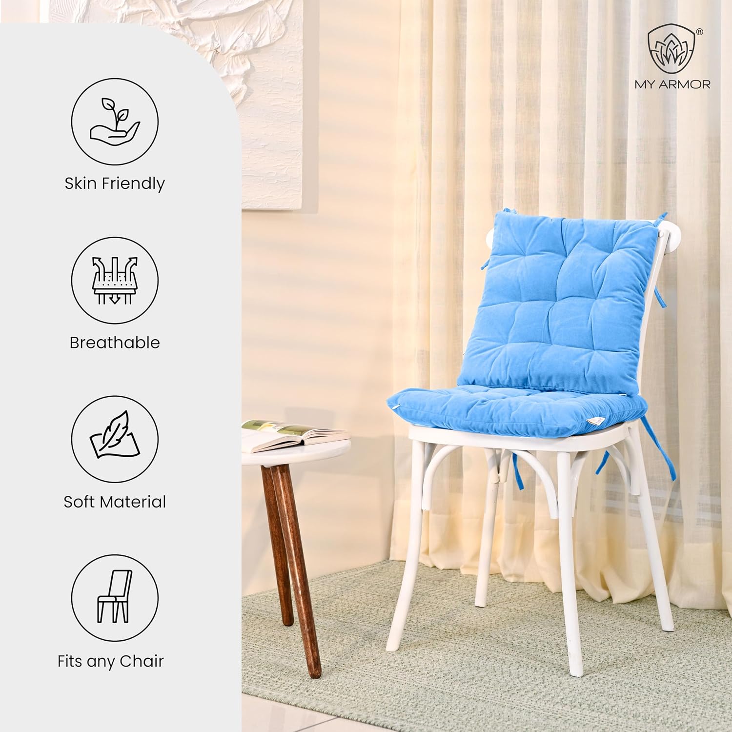 Square Chair Pads Cushion, For Comfortable Sitting, Sky Blue Color - 40 X 40 Cm | Seat Cushions With Ties For Sitting, Pooja, Dining & Office Table | Furniture Cushion, Washable - Pack Of 2