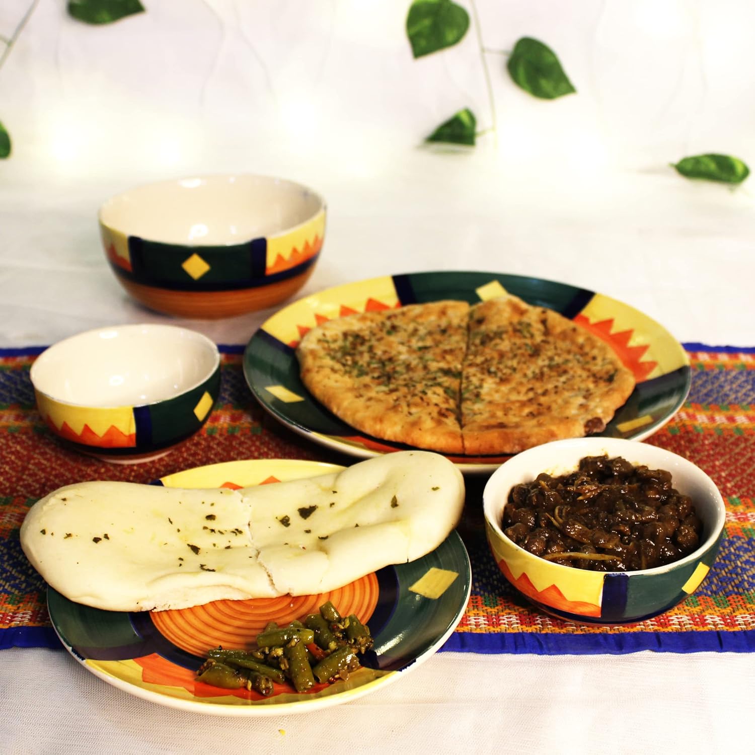 Boho Fiesta Hand Painted Ceramic Dinner Set - 8 Pieces, Multicolor | 4 Dinner Plates + 4 Katori Serving Bowls, 180ml Each Dinnerware Set | Serving For 4, Microwave Safe & Dishwasher Safe