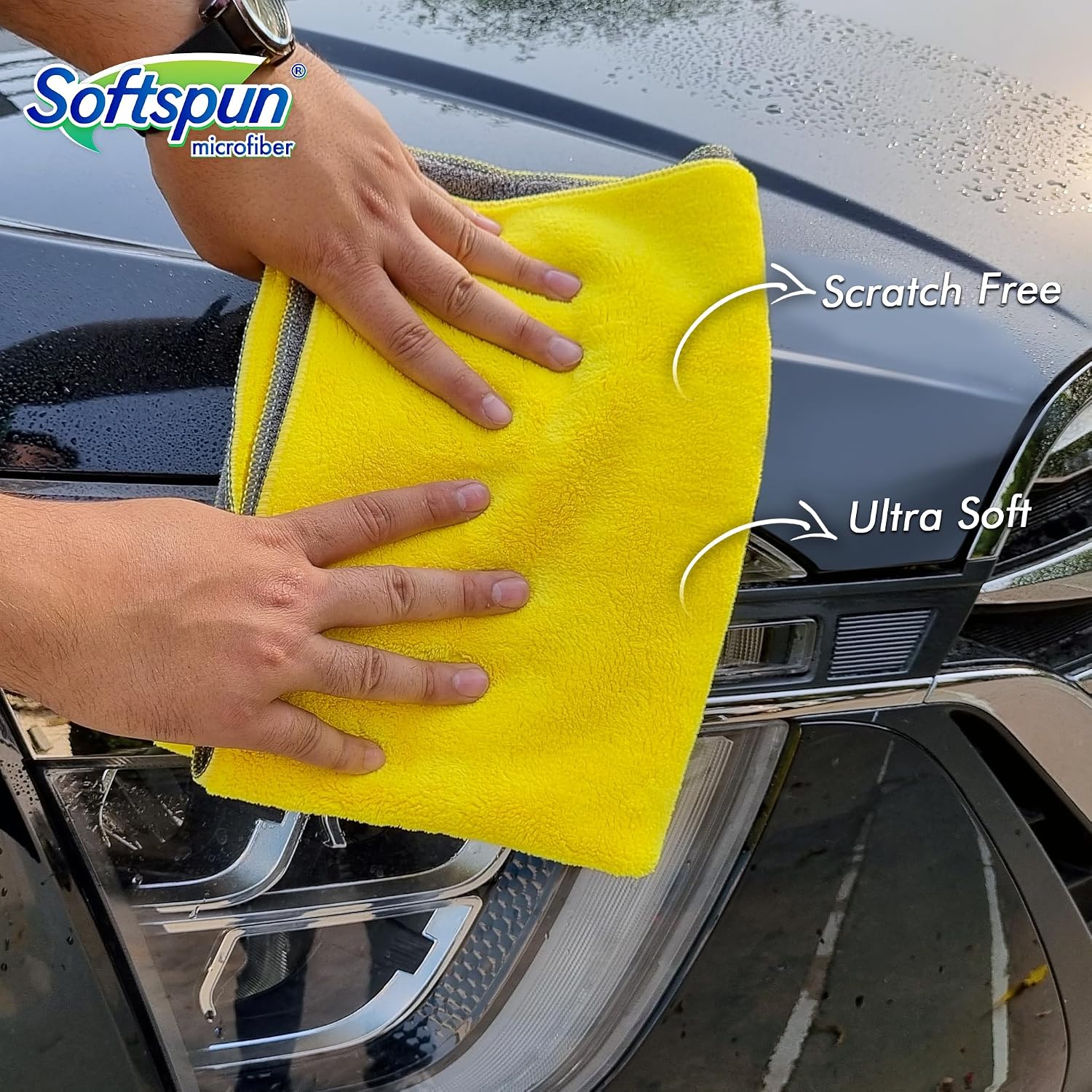 Softspun Microfiber Cloth Towel Set 600 Gsm | Extra Thick Microfiber Cleaning Cloths Perfect For Bike, Auto, Cars Both Interior & Exterior -2 Piece (Yellow & Grey)
