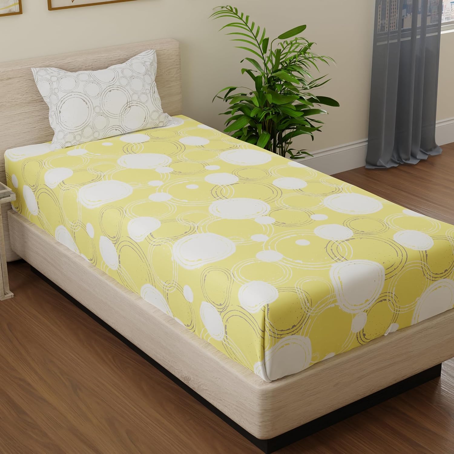 Beautiful Single Bedsheet With 1 Pillow Cover - 55 X 88 Inches, Yellow & Off White | Cotton Bedsheet Is Naturally Comfortable