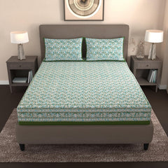Handloom Printed Double Bedsheet For Queen Size With 2 Matching Pillow Cover | Size 90 X 100 Inches, Green - Cotton Bedsheets For Double Bed | Soft & Smooth