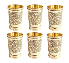 Golden Pure Brass Glass Tumbler Set Of 4 - Capacity 250ml Of Each Glass | Mughlai Style Embossed Design Glass Tumblers