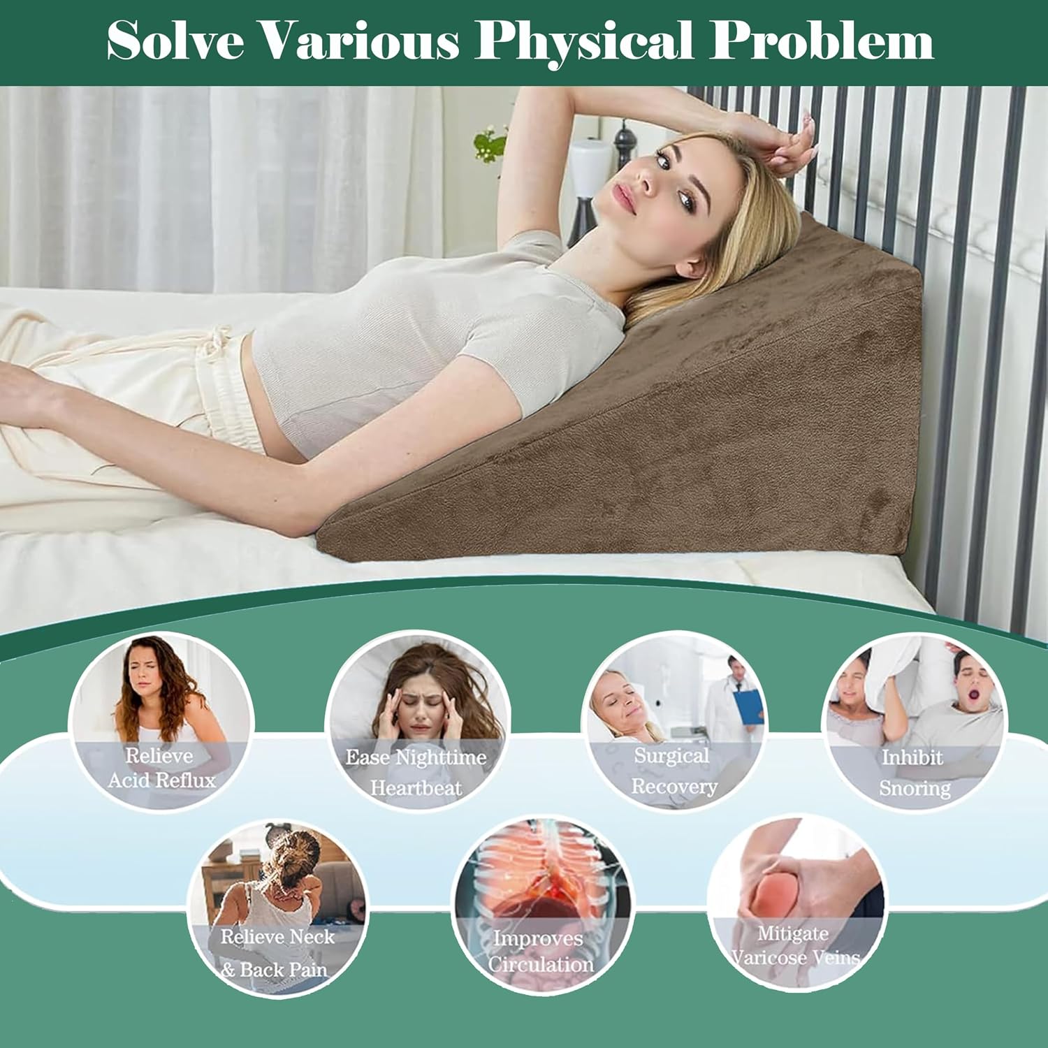 Wedge Pillow, Back Support Pillow For Neck Pain, Medium Firm, Brown Color | Pillow For Headaches, Reflux, Shoulders, Back Pain & High Resilience, Velvet Fabric, Adjustable Pillow - Pack Of 1