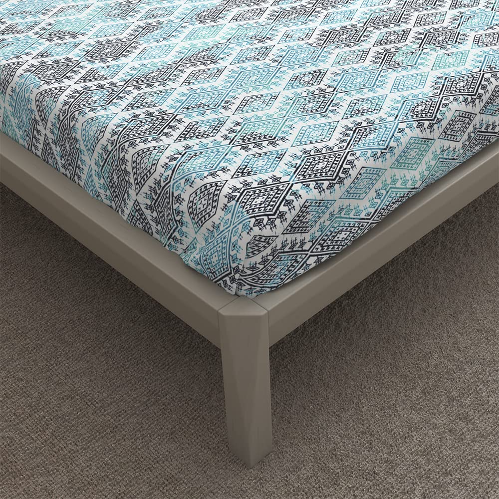 Cotton Elastic Fitted Single Bedsheet With 1 Pillow Cover | 72 X 36 Inches, Sky Blue & Black - Breathable & Durable, Soft & Perfect For All Seasons