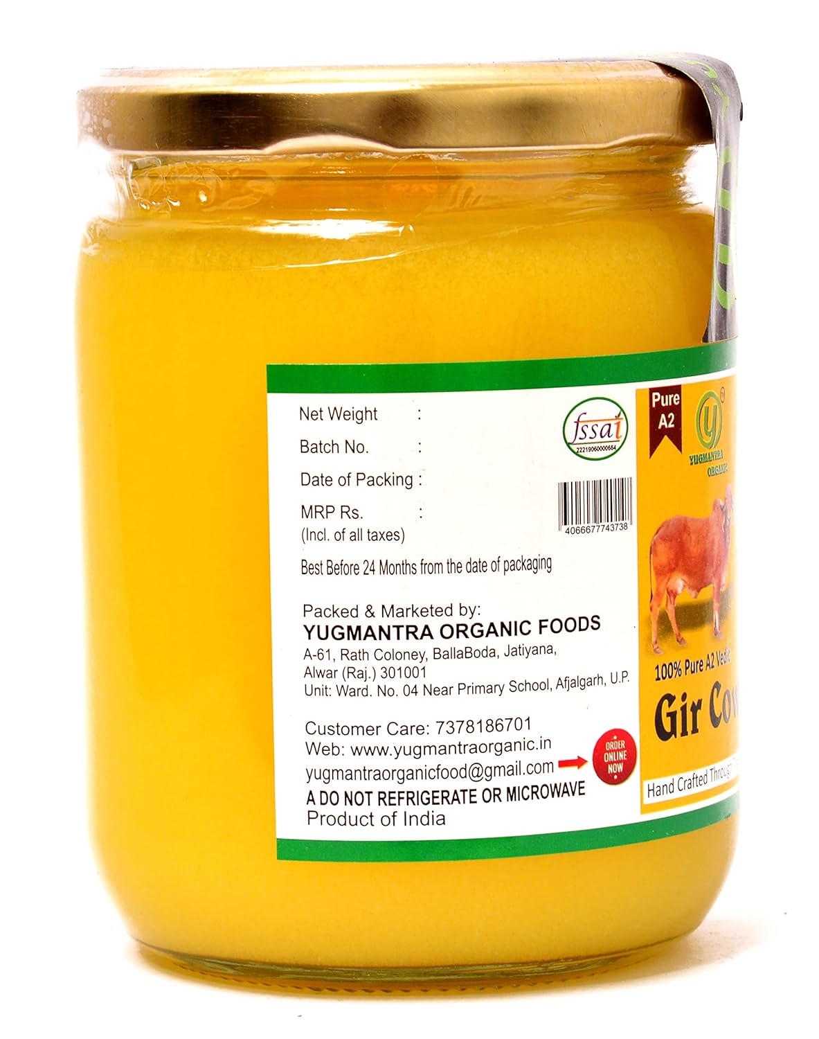 Premium Gir Desi Cow Ghee By Yugmantra Organic | Highly Nutritious Bilona Method Pure & Fresh Danedar Desi Cow Ghee | (500ml) 16.9 Ounce | Jar Pack