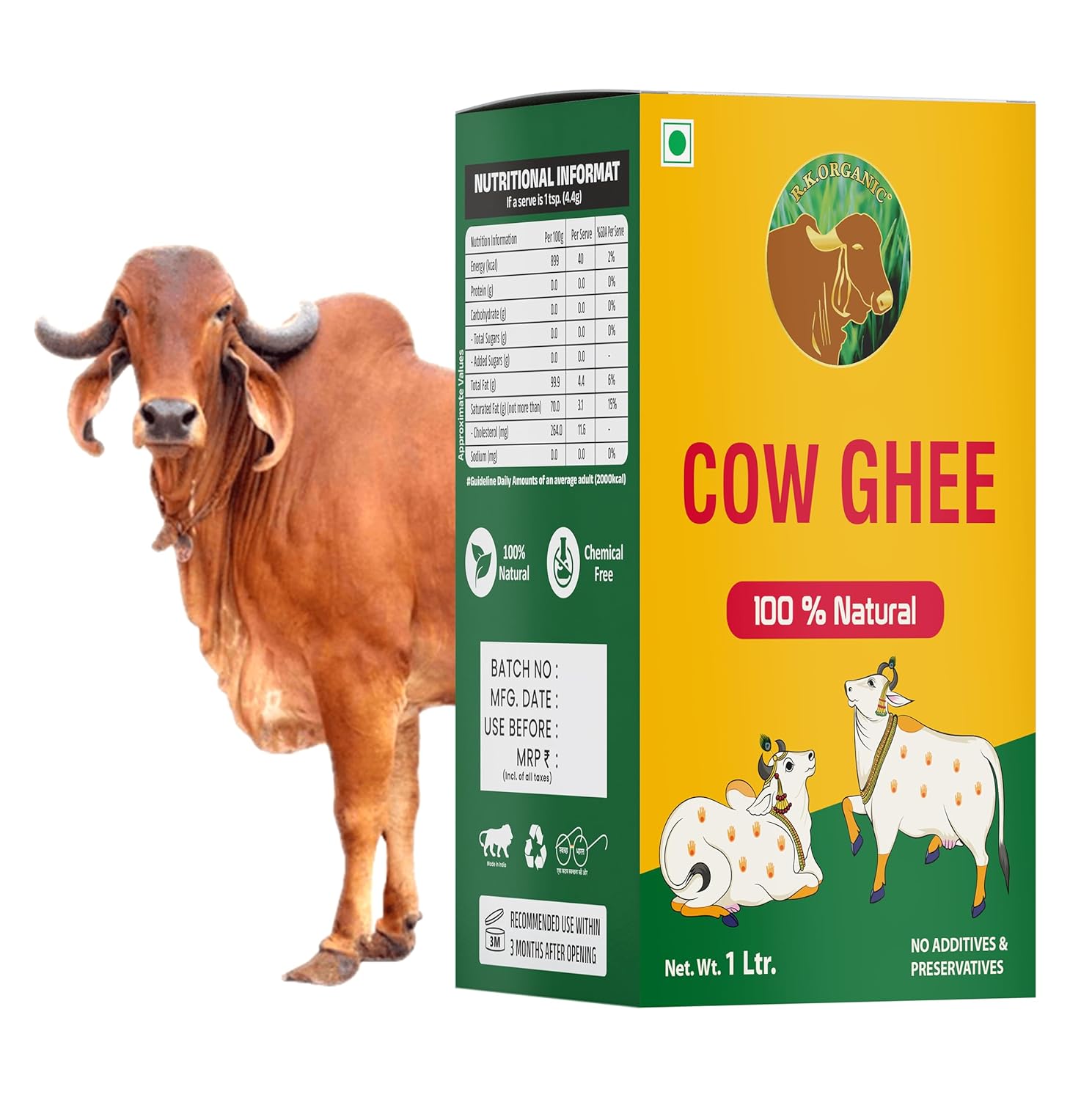 Organic Desi Cow Ghee By R. K. Organic | Good Source Of Vitamin A, Delicious, Healthy & Nutritious Homemade Desi Ghee | 2 Litre (1 Litr * 2) 67.6 Ounce | Box Pack
