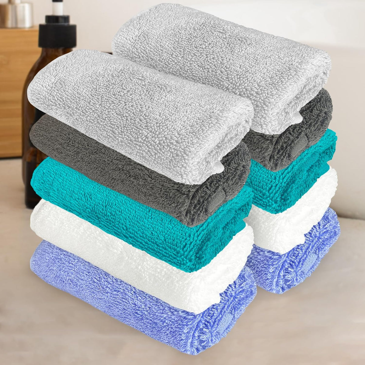Heelium Bamboo Face Towel 1200 Gsm | Ultra Absorbent & Odour-Free 3x Softer Than Cotton Towels | Pack Of 10 -Light Grey, Grey, Teal, White & Iris