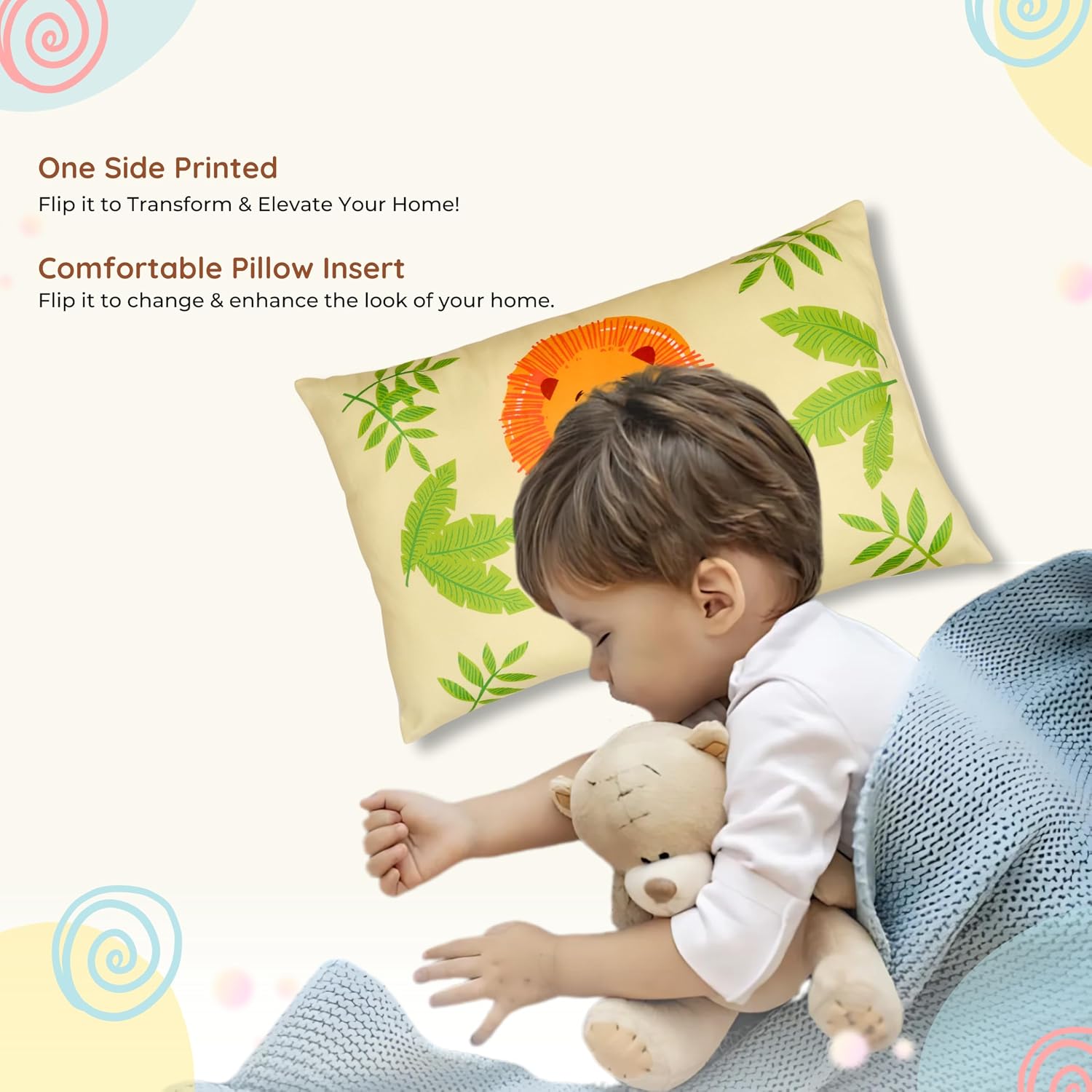 Cotton Baby Pillow With Super Soft Imported Fabric, 1 Month To 5 Year Kids Pillows - 12 X 18 Inch | Animal & Cartoon Prints, Kid Pillow For Sleep, Bed Set, Head Shaping, Neck Support