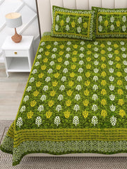 Pure 100% Cotton Double Bed Sheet With 2 Pillow Covers - 90 X 100 Inches, Green | Beautifully Handcrafted Traditional Bedsheets - Skin Friendly Fabric