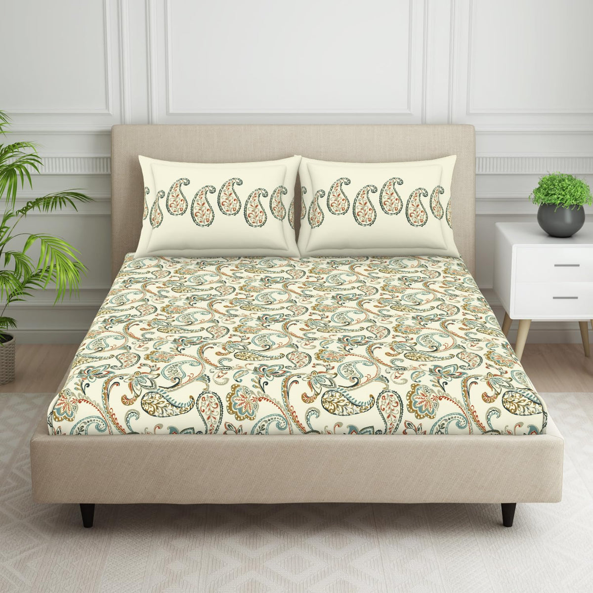 Double Bedsheet With 2 Pillow Covers (Size 88 X 100 Inch) Cream | Breathable Pure Cotton Queen Size Bedsheet | Floral Design Bedsheet