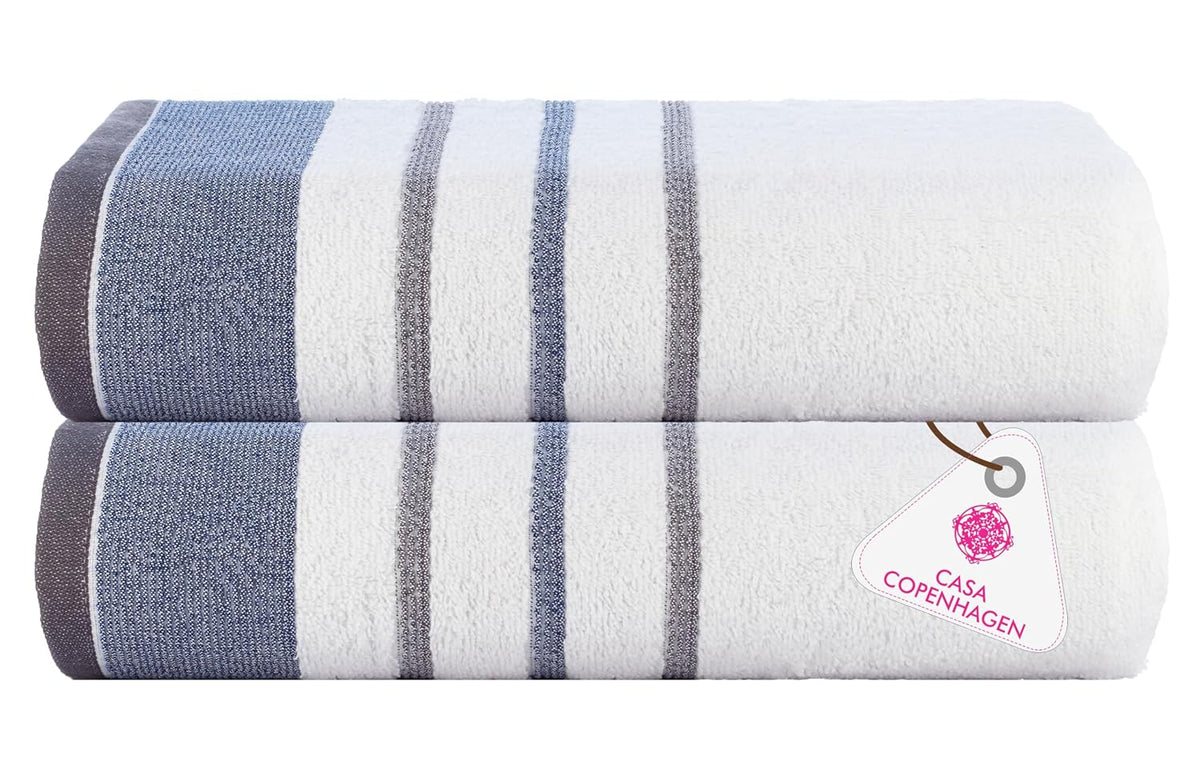 Casa Copenhagen Designed In Denmark White Bay Super Soft 2 Pieces 100% Cotton Large Bath Towel 525 Gsm - Blue/Dark Grey
