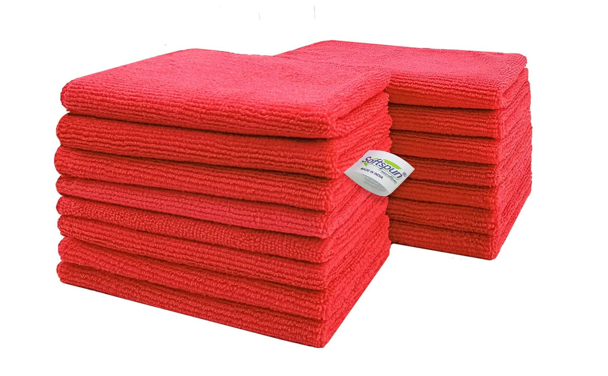Softspun Microfiber Small Wipes Towel 340 Gsm | Multipurpose Super Soft Absorbent Cleaning Towels | 15 Piece (Red)