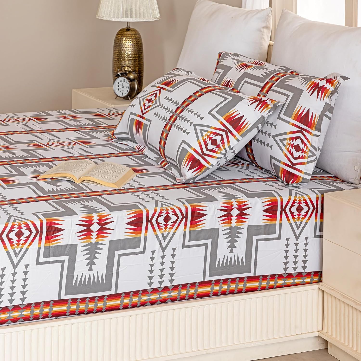 Double Size Elastic Fitted Bedsheet With 2 Pillow Covers - (72 X 72 Inches, Grey & Red) | Wrinkle Free Bed Sheets | Perfect For Home Decor & Gifting
