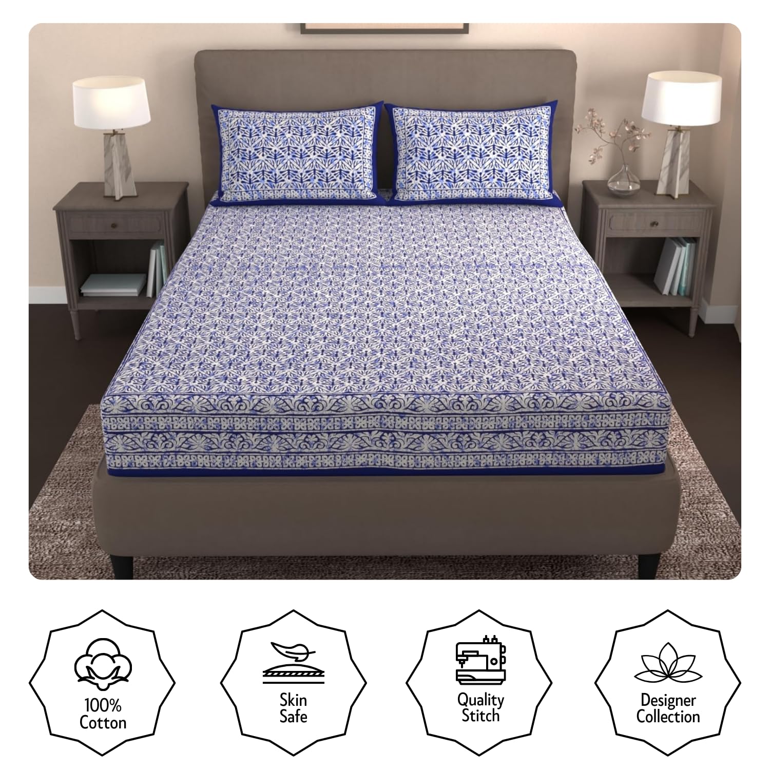 Handloom Printed Double Bedsheet For Queen Size With 2 Matching Pillow Cover | Size 90 X 100 Inches, Blue & White - Cotton Bedsheets For Double Bed | Soft & Smooth