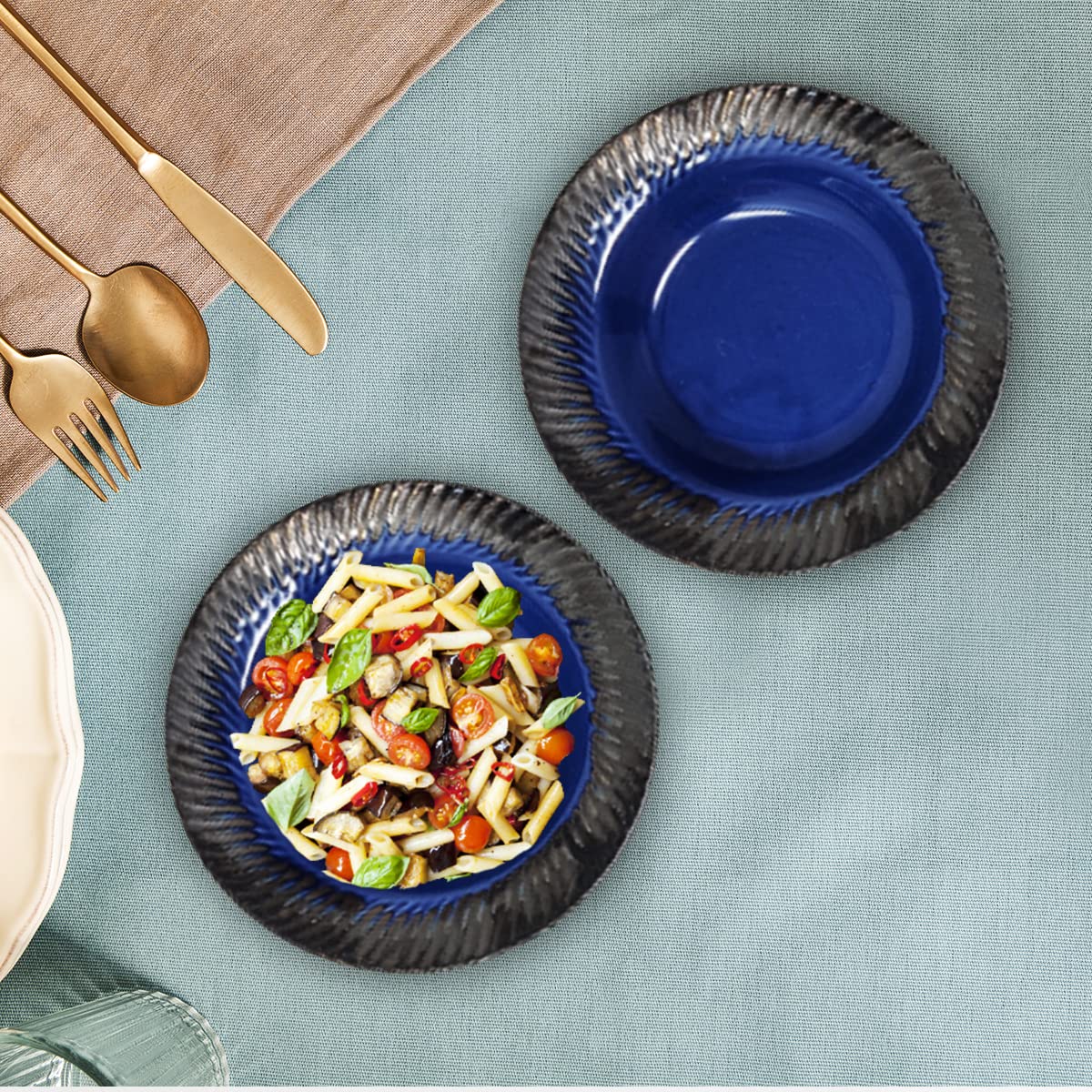 Midnight Blue Ceramic Pasta Plates - 2 Pieces | Handcrafted Multi Purpose Ceramic Deep Plates, Snack Plates, Starter Plates - 7 Inch, Microwave Safe & Dishwasher Safe