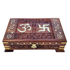 Wooden Om Box For Good Luck Jewellery Box, Decorative Case, Kit Vanity Organiser For Women, Necklaces, Cash, Gold 10 X 6 Passe Plain, Colour - Brown