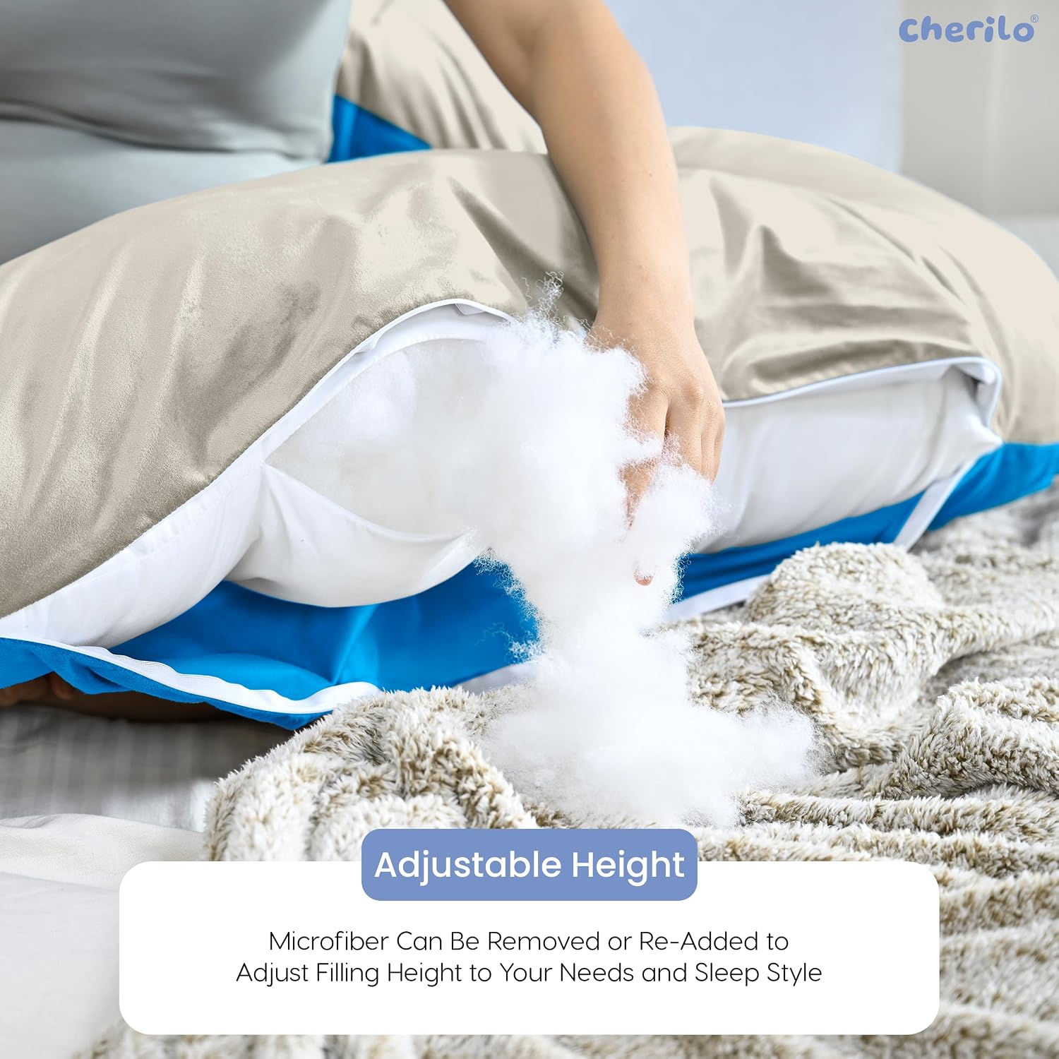 U Shaped Pregnancy Pillow For Pregnant Women & Nursing Mom, Beige & Sky Blue | Full Body Support, Single Pillow For Multipurpose Use During Maternity | Premium Velvet Outer Cover With Zip