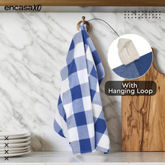 Encasa Xo Kitchen Cooking Cloth 340 Gsm | Cotton Hand Towel For Drying Dishes Highly Absorbent Cleaning & Quick Drying Of Plates | Buffalo Blue Checks (Set Of 4)