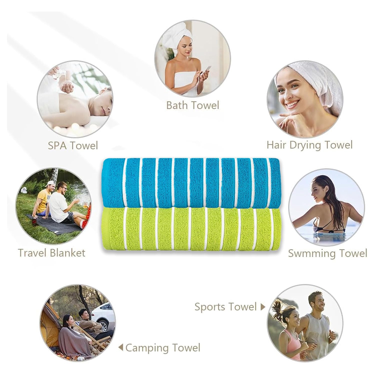 Casa Copenhagen Designed In Denmark Estatic Super Soft 2 Pieces 100% Cotton Large Bath Towel - Teal Blue & Lime Green