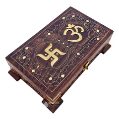 Wooden Om Box For Good Luck, Jewellery Box, Decorative Cash, Kit, Vanity | Organiser For Women, Necklaces, Cash, Gold Padestal Engraved 10 X 6, Colour - Brown