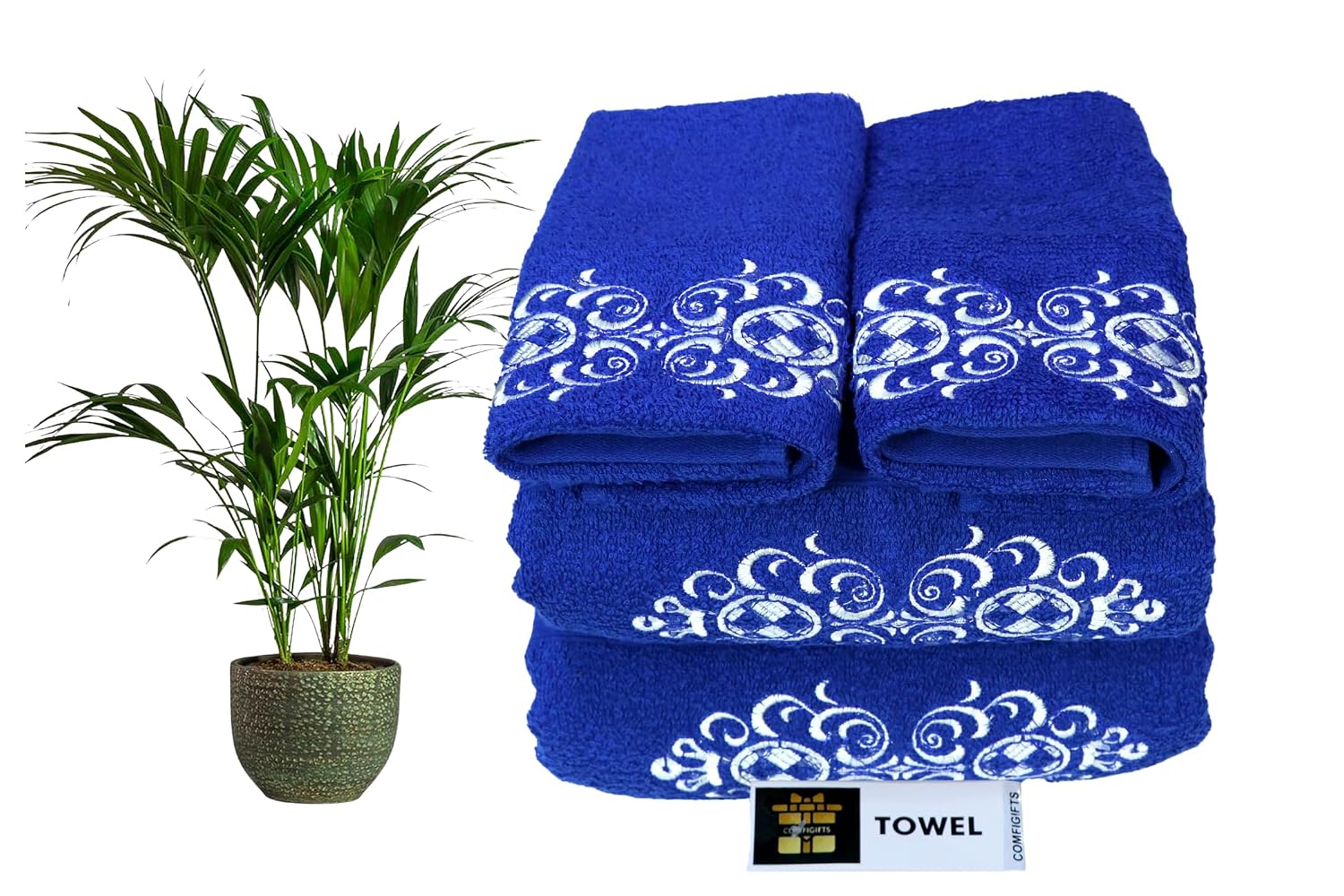 Comfigifts 100% Cotton 2 Bath & 2 Hand Towels 1400 Gsm | Soft, Absorbent, Lightweight Towels With Computerized Embroidery (Royal Blue D2)