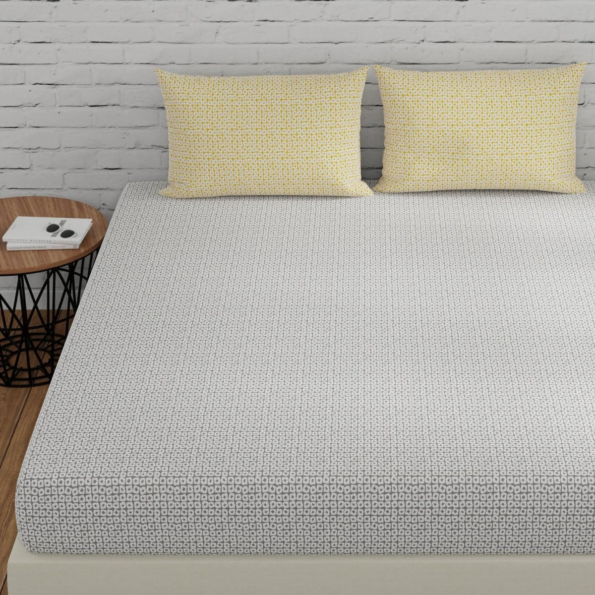 Bedsheets For King Size Bed Cotton With 2 Pillow Covers - 72 X 78 Inches, Grey & Yellow | All Around Elastic Fitted | Long Lasting & Soft To Touch
