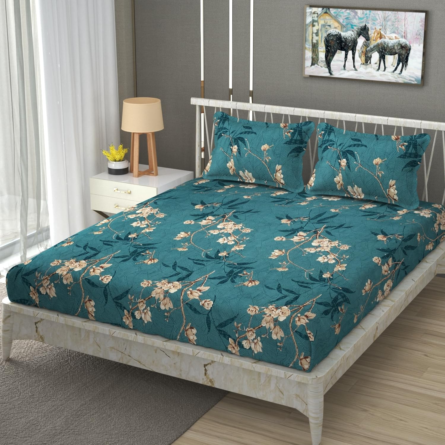 King Size Elastic Fitted Bedsheets With 2 Pillow Covers - 72 X 78 X 10 Inches, Green | Soft Wrinkle Free & Breathable Elastic Bedsheets - Durable & Long Lasting Bedsheet