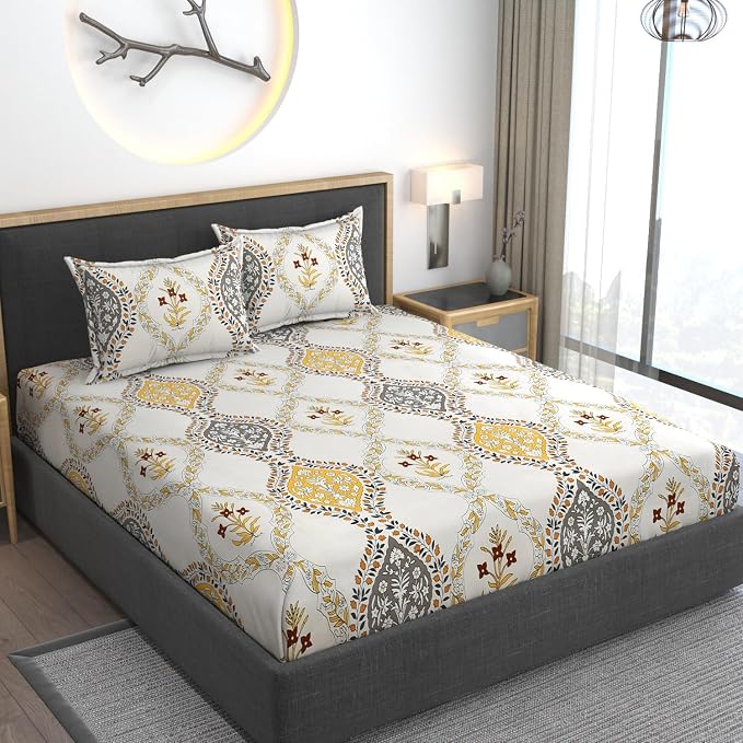 Cotton Bedsheets Feel Glace All Around Elastic Fitted King Size Bedsheets With 2 Pillow Covers - 78 X 72 X 10 Inches, Yellow | Premium Super Soft Bedsheet King Size
