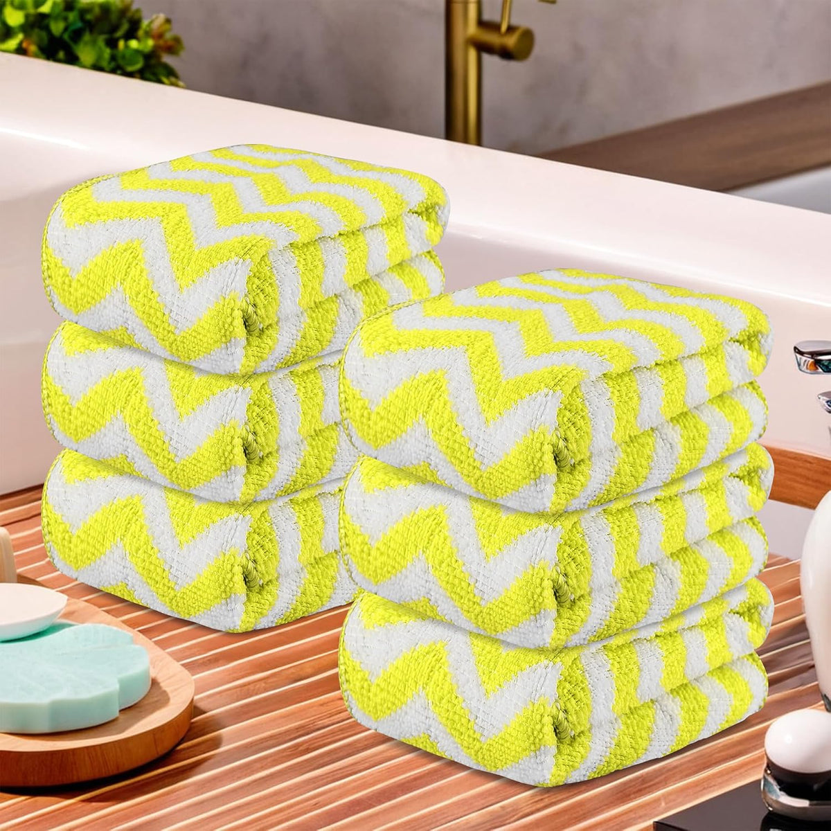Kuber Industries Super Absorbent & Reusable Microfibre Face Towel 900 Gsm (Zig Zag Yellow) - Pack Of 6