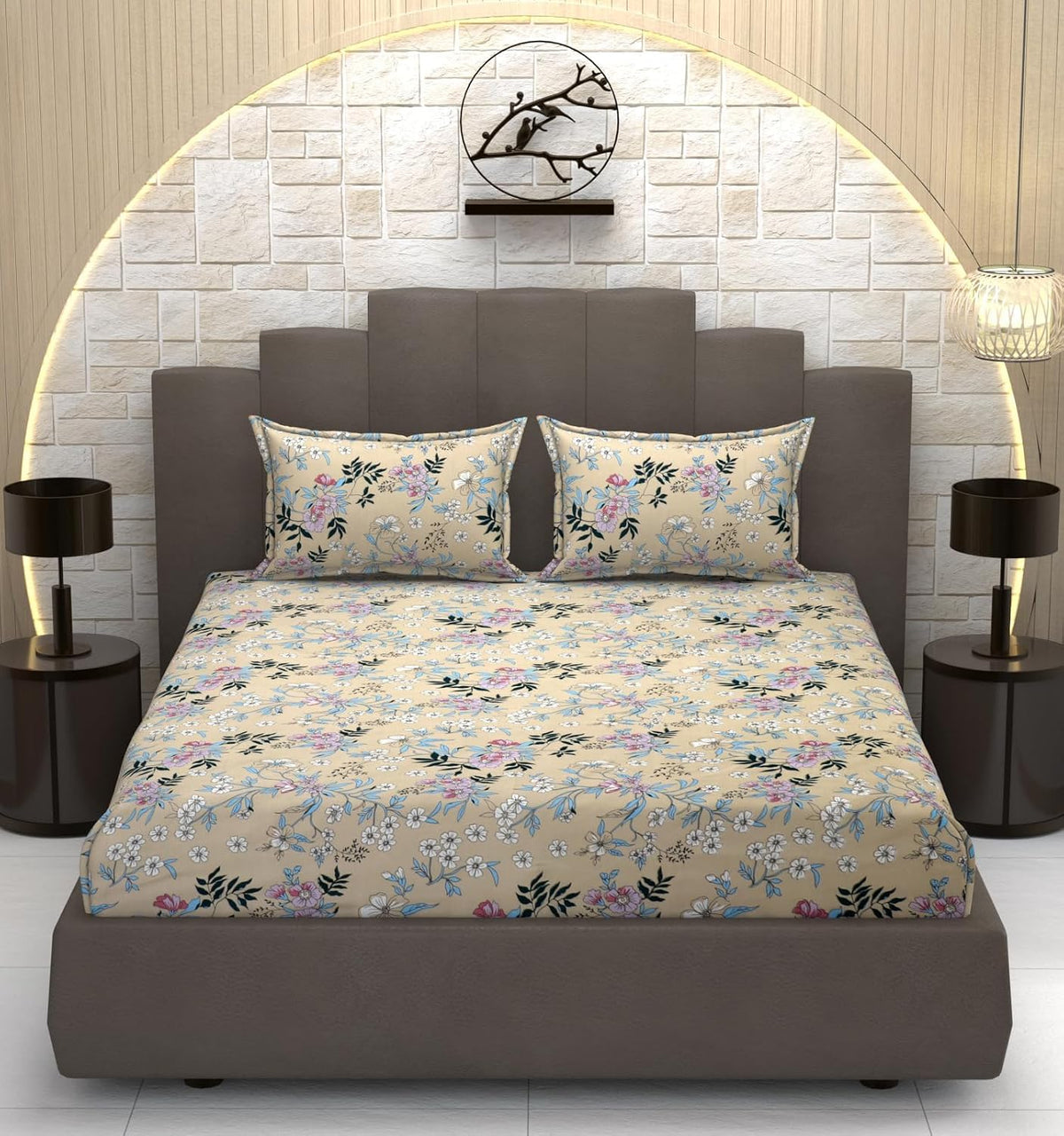 Bedsheet For Queen Size Bed With 2 Pillow Covers - 90 X 100 Inches, Beige & Pink | Soft, Breathable, Wrinkle Free & Fade Resistant