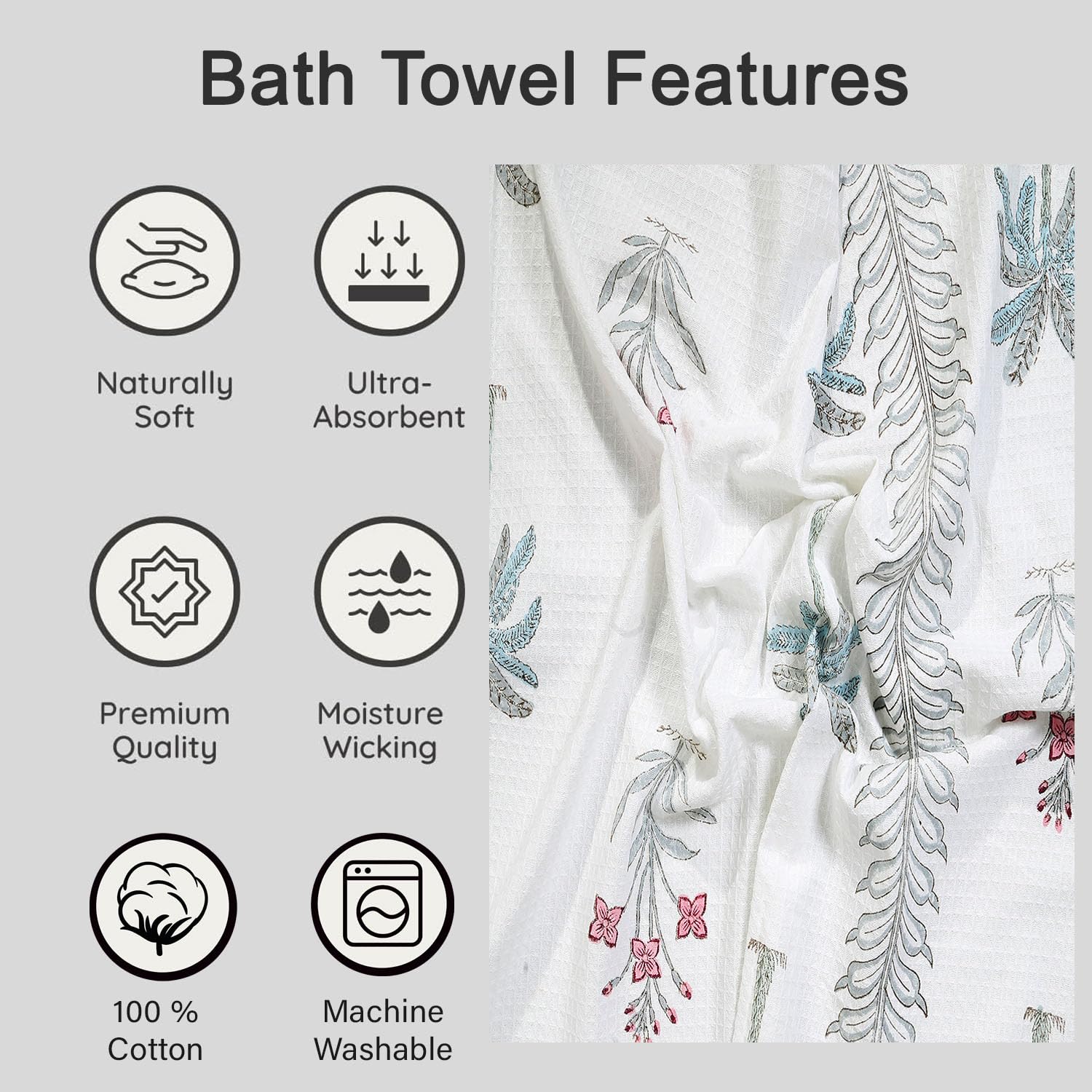 Urbano Homz 100% Cotton Large Size Bath Towel 350 Gsm | For Men & Women, Ethnic Bathing Towel (Teal & Grey With Red Flowers)