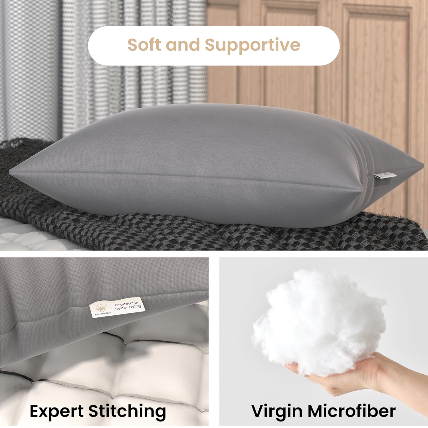 Microfiber Pillows For Sleeping, Adjustable Bed Pillow, Grey - 41 X 61 Cm | For Neck Support, Ergonomic, Hypoallergenic, Antibacterial, Washable, Without Cover - Set Of 4