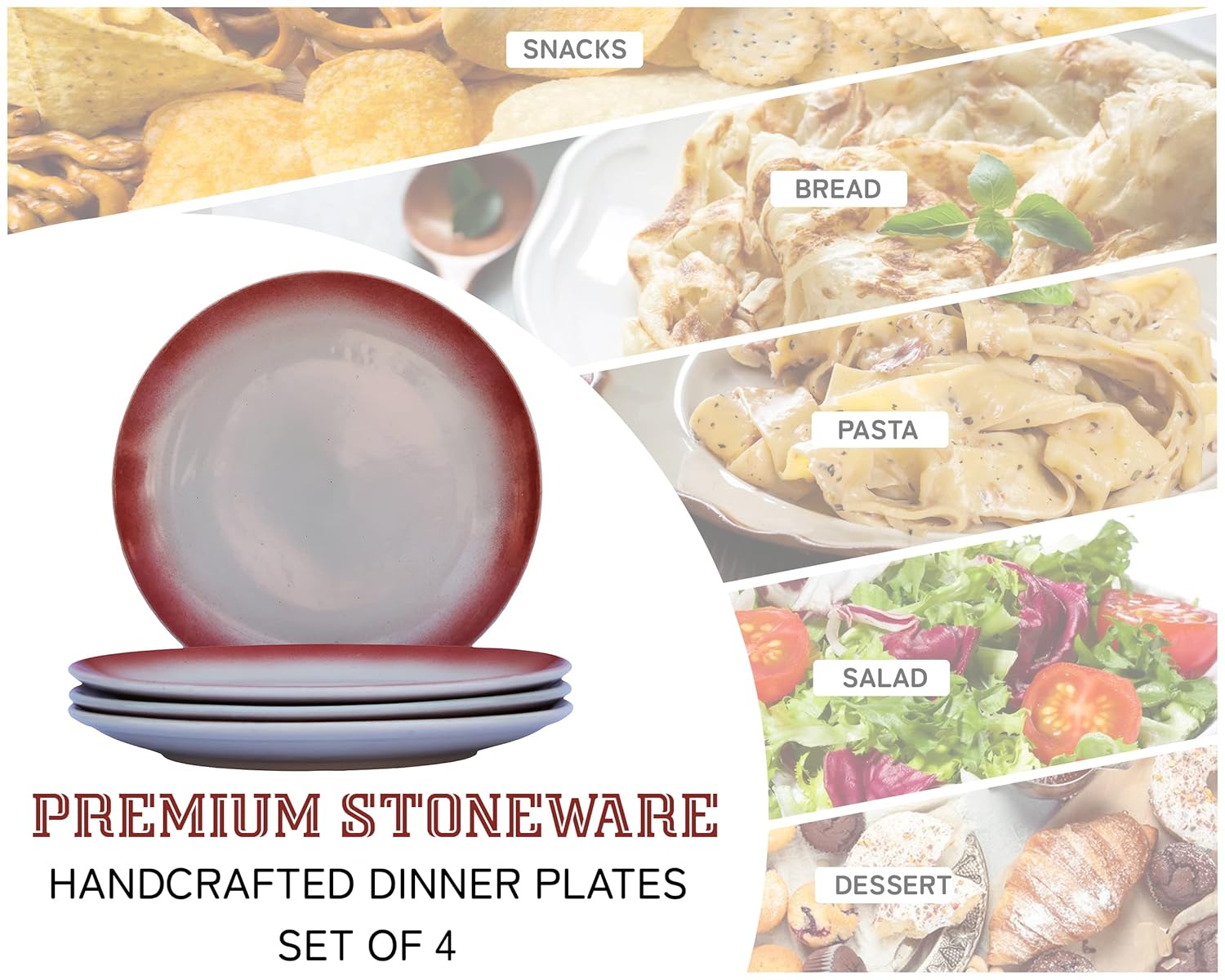 Ceramic Stoneware Serving Large Dinner Plates Set Of 4 - 10.6 Inch, Off White & Red | Scratch Resistant, Microwave Safe & Dishwasher Safe - Handcrafted Dinner Plates